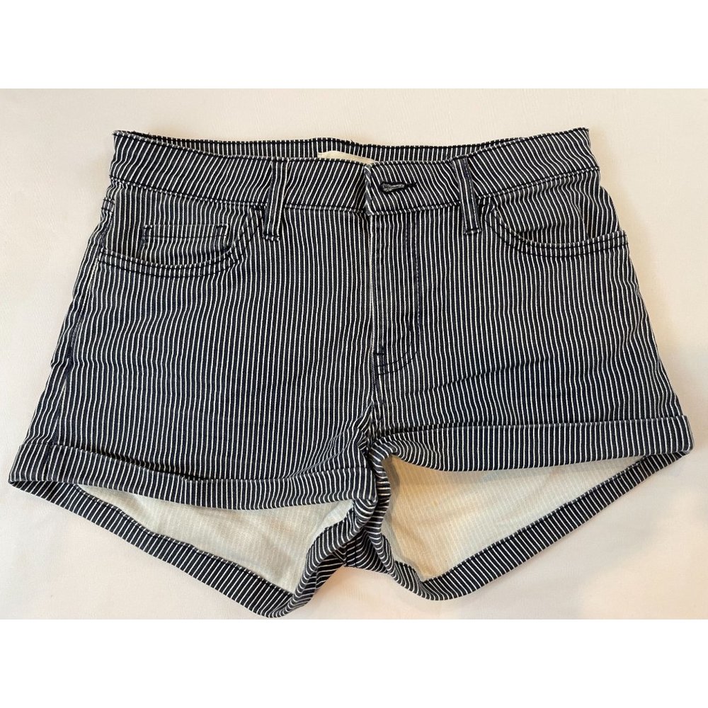 H&M Women Vertical Striped Denim Shorts Roll Cuff Hem Mid Rise Black White SZ 2